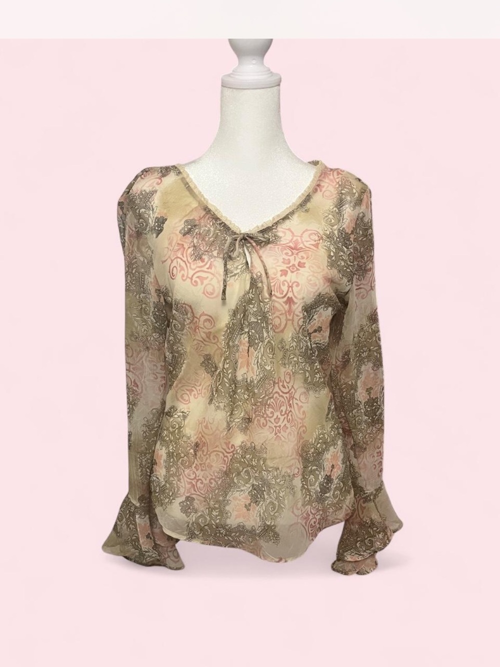 Y2K Star City Beautiful sheer blouse with tie neck bell sleeves boho fairy